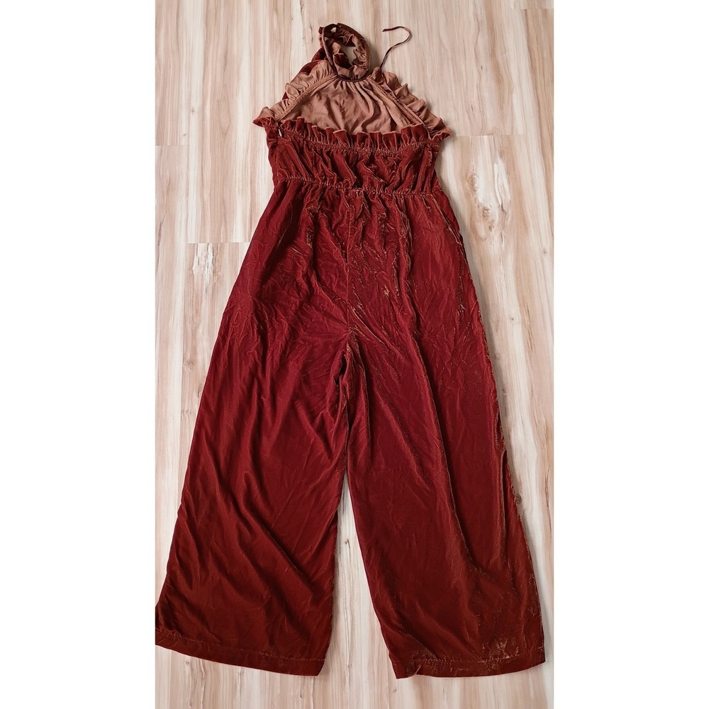 Anthropologie Kristinit Velvet Halter Jumpsuit Rust Orange Tie Neck Wide Leg M - Picture 8 of 10